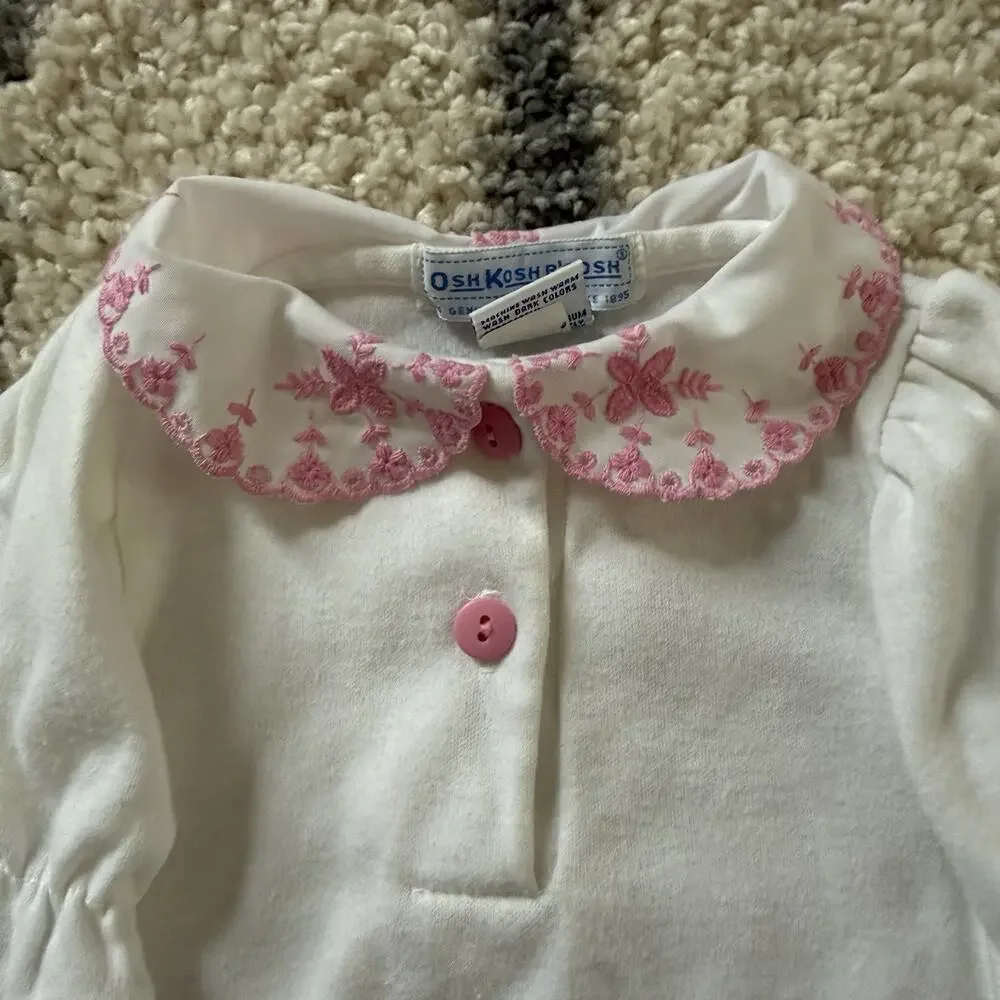 Vtg 90s OshKosh White Pink Collar Baby Girl Shirt Size 6-9 Months Embroidered